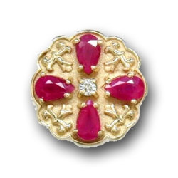 N610 14K PEAR SHAPE RUBY & DIAMOND SLIDE WITH FLEUR DE LIS DETAIL 